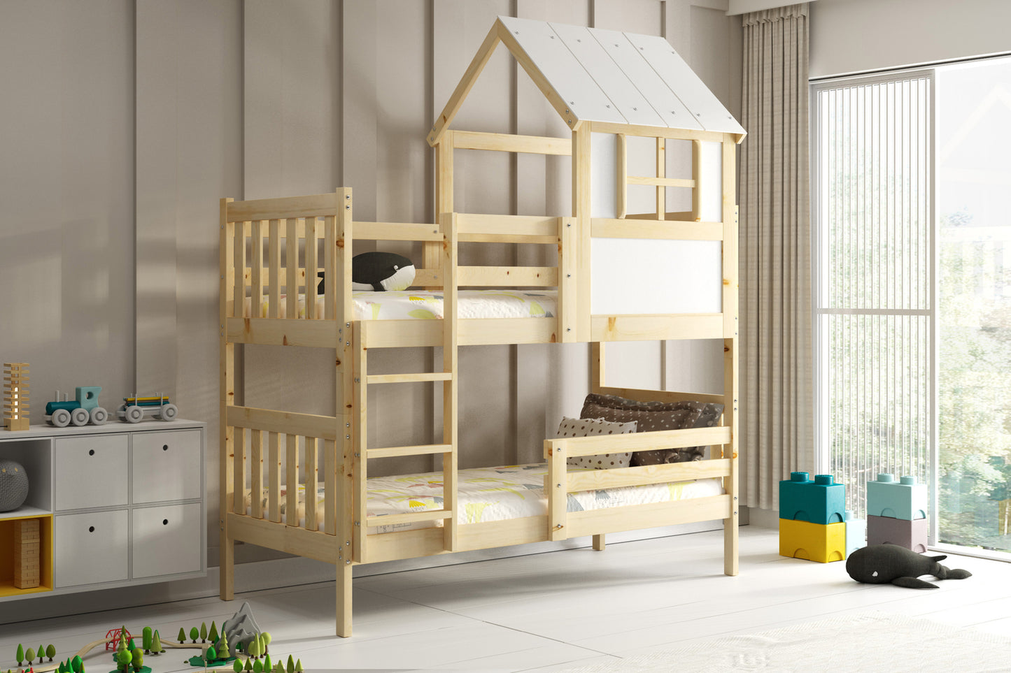 Dviaukštė lova „Cottage“ su stogeliu – „Kacper“ pagaminta iš natūralios medienos 90x190 su čiužiniu – pagrindinis vaizdas