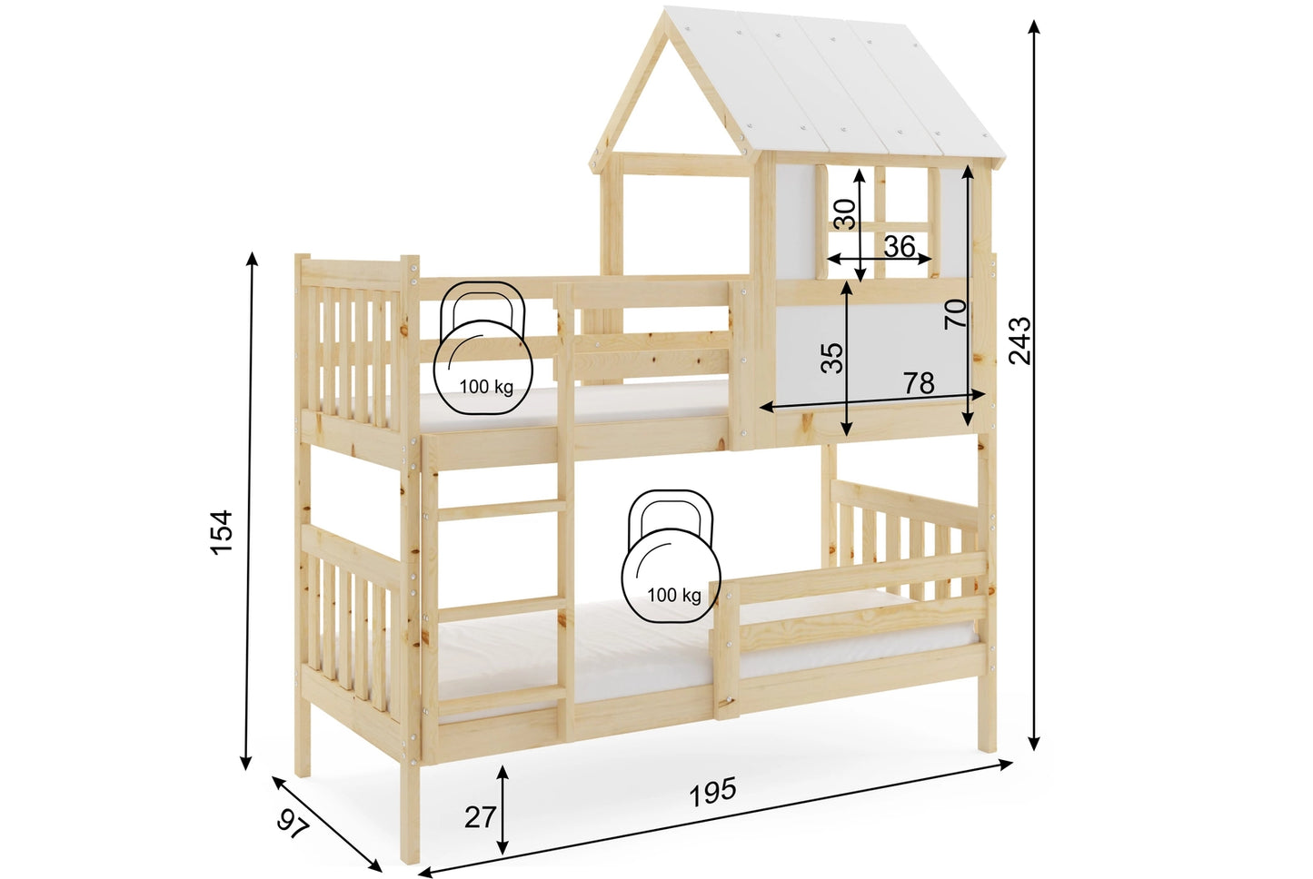 Dviaukštė lova „Cottage“ su stogeliu – „Kacper“ pagaminta iš natūralios medienos 90x190 su čiužiniu – vaizdas 3