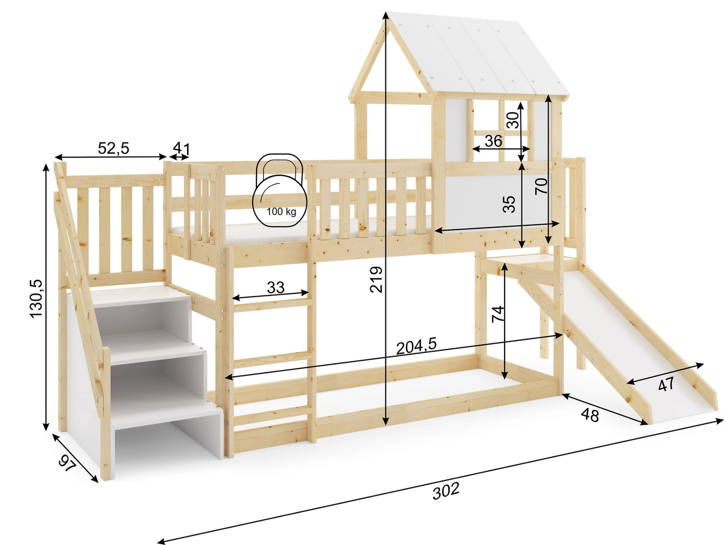 Dviaukštė lova su čiuožykla iš natūralaus medžio, 90x200, su čiužiniu – vaizdas 4