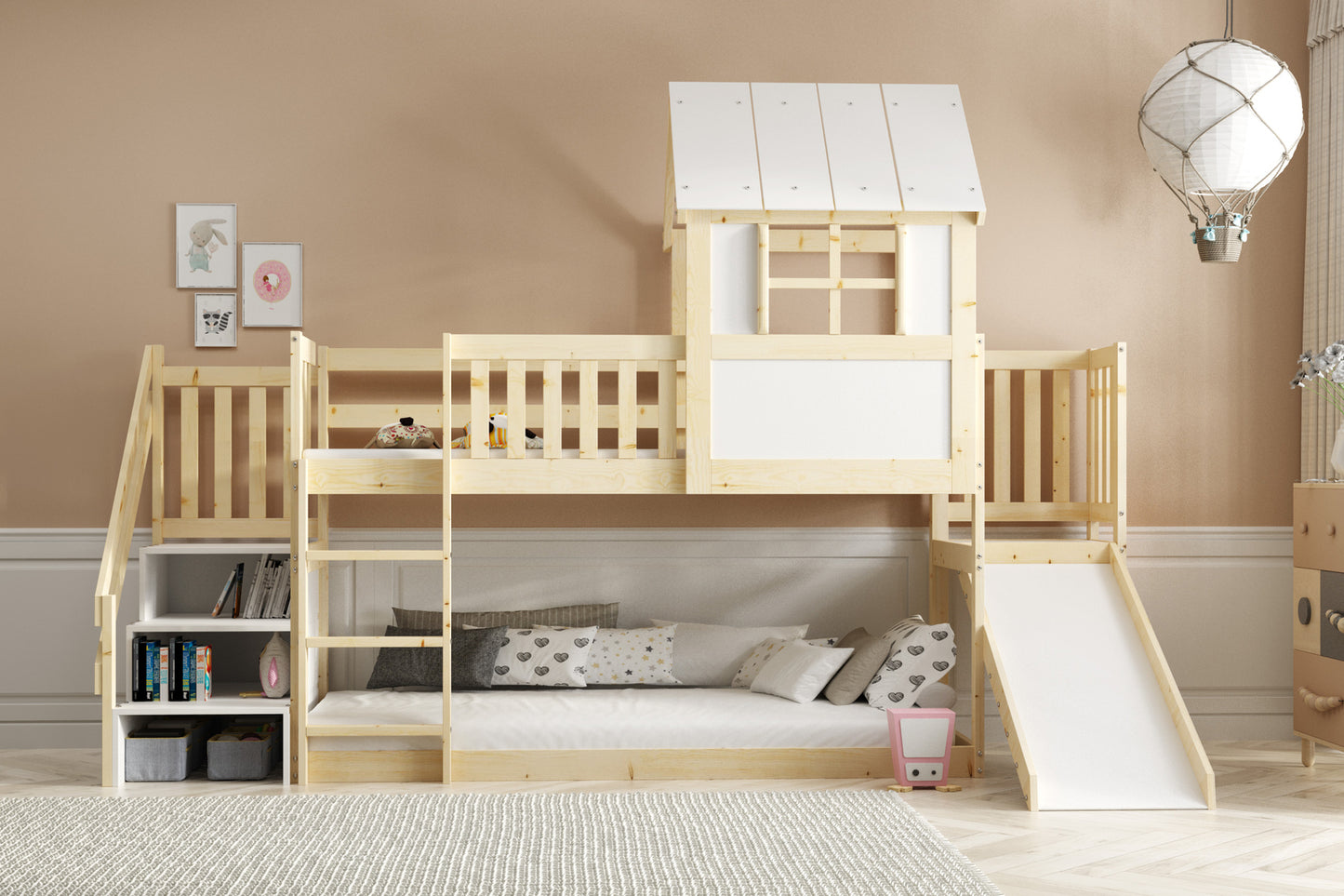 Dviaukštė lova su čiuožykla iš natūralaus medžio, 90x200, su čiužiniu – vaizdas 3