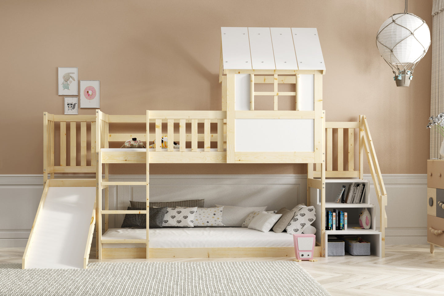 Dviaukštė lova su čiuožykla iš natūralaus medžio, 90x200, su čiužiniu – vaizdas 2