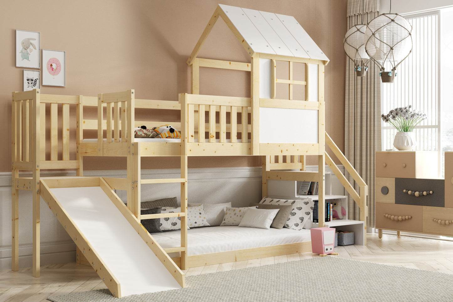 Dviaukštė lova su čiuožykla iš natūralaus medžio, 90x200, su čiužiniu – pagrindinis vaizdas