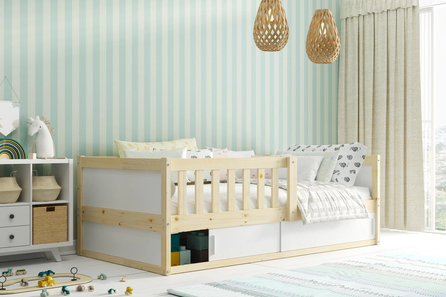 Vienvietė vaikiška lova SMART 2, 80x160 cm, su čiužiniu ir daiktadėže, natūralaus medžio – vaizdas 5