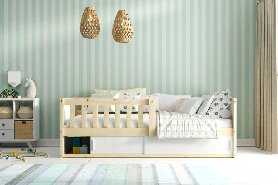 Vienvietė vaikiška lova SMART 2, 80x160 cm, su čiužiniu ir daiktadėže, natūralaus medžio – pagrindinis vaizdas