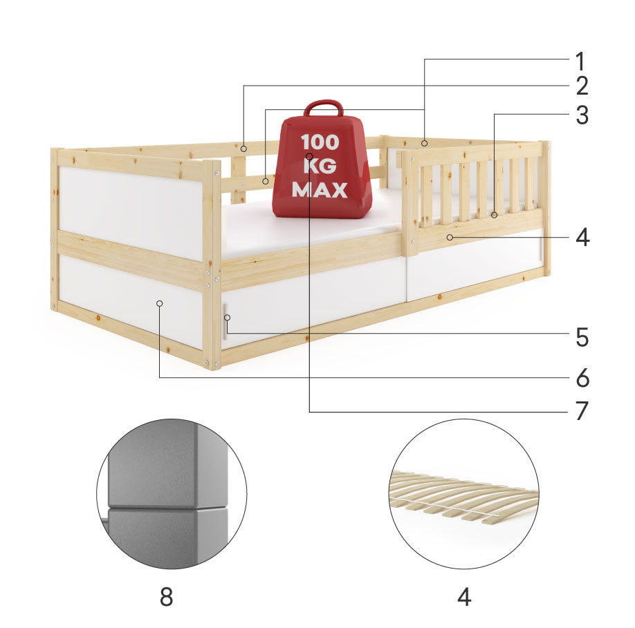 Vienvietė vaikiška lova SMART 2, 80x160 cm, su čiužiniu ir daiktadėže, natūralaus medžio – vaizdas 3