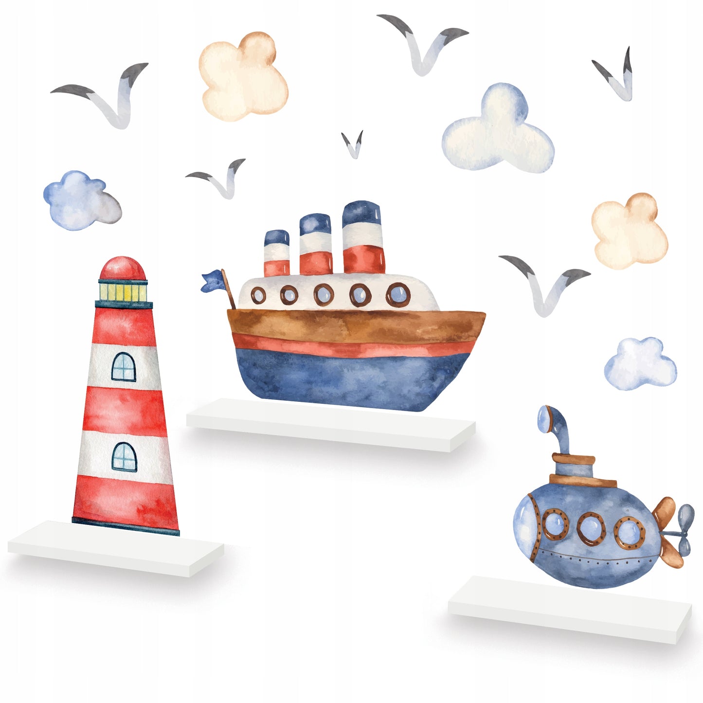 3 vnt debesėlių lentynos su sieniniais lipdukais – pagrindinis vaizdas