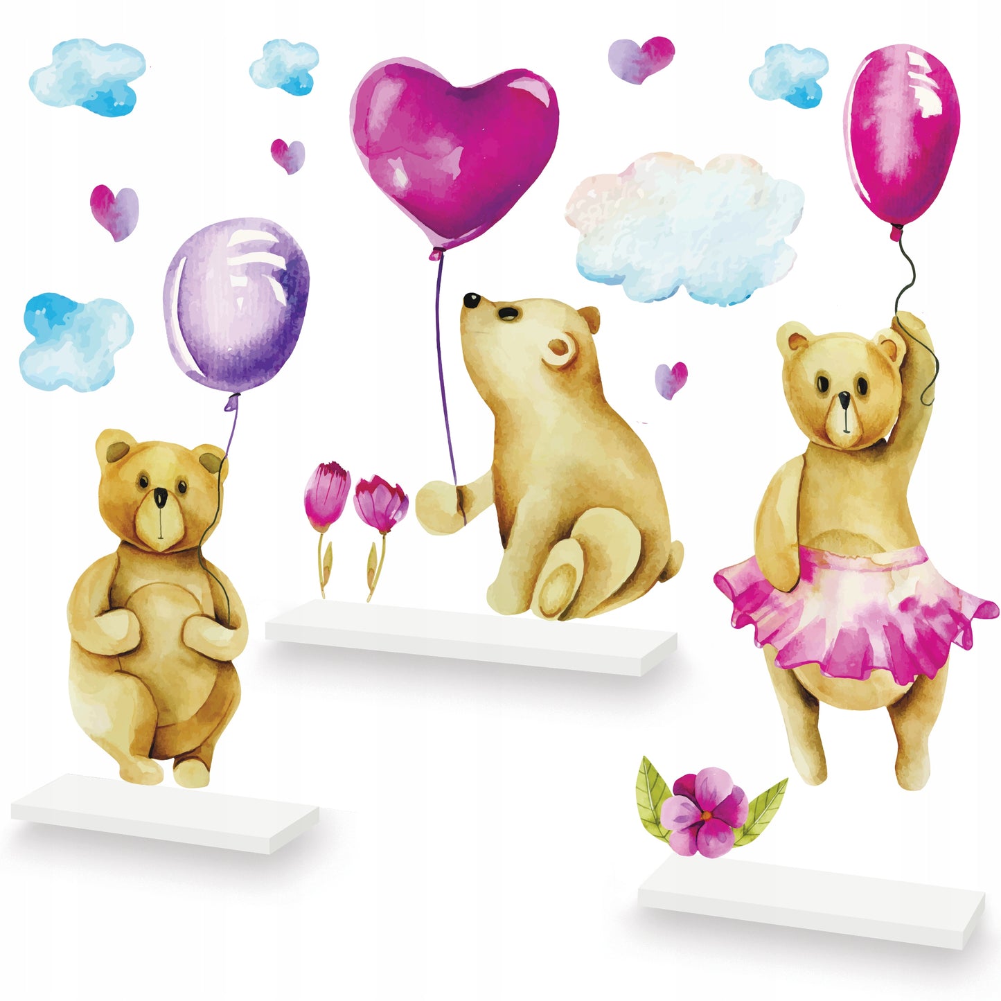 3 vnt baltos debesėlių lentynos su sieniniais lipdukais – pagrindinis vaizdas