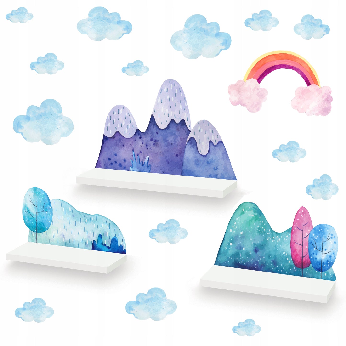3 vnt debesėlių ir kalnų lentynų komplektas su lipdukais – pagrindinis vaizdas