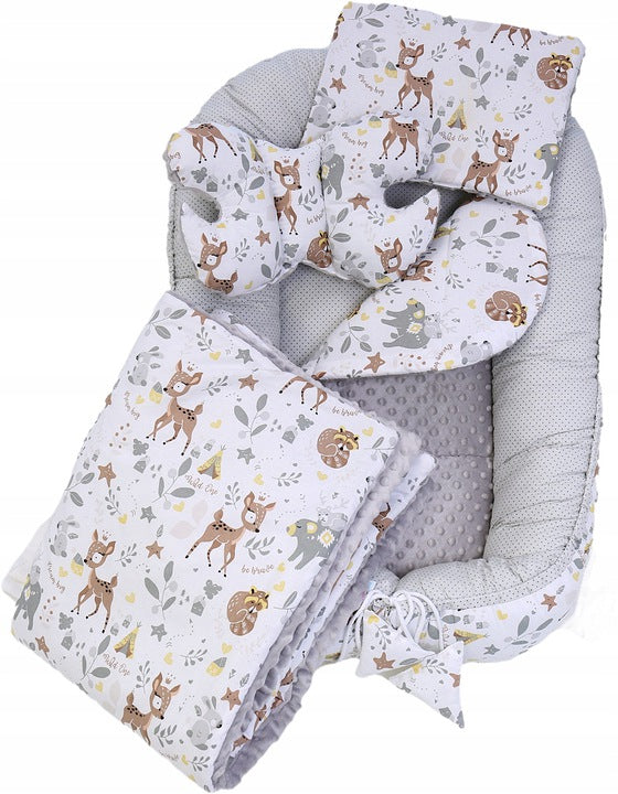 Kūdikio lizdelis su priedais, baltas su pilkomis žvaigždėmis – vaizdas 2