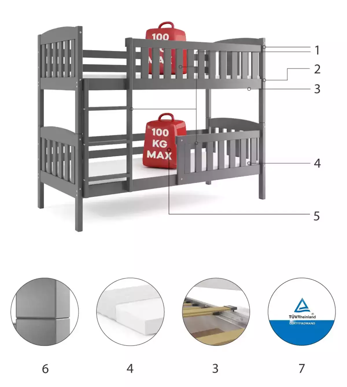 Dviaukštė lova 190x90 cm su čiužiniais, pilka – vaizdas 2