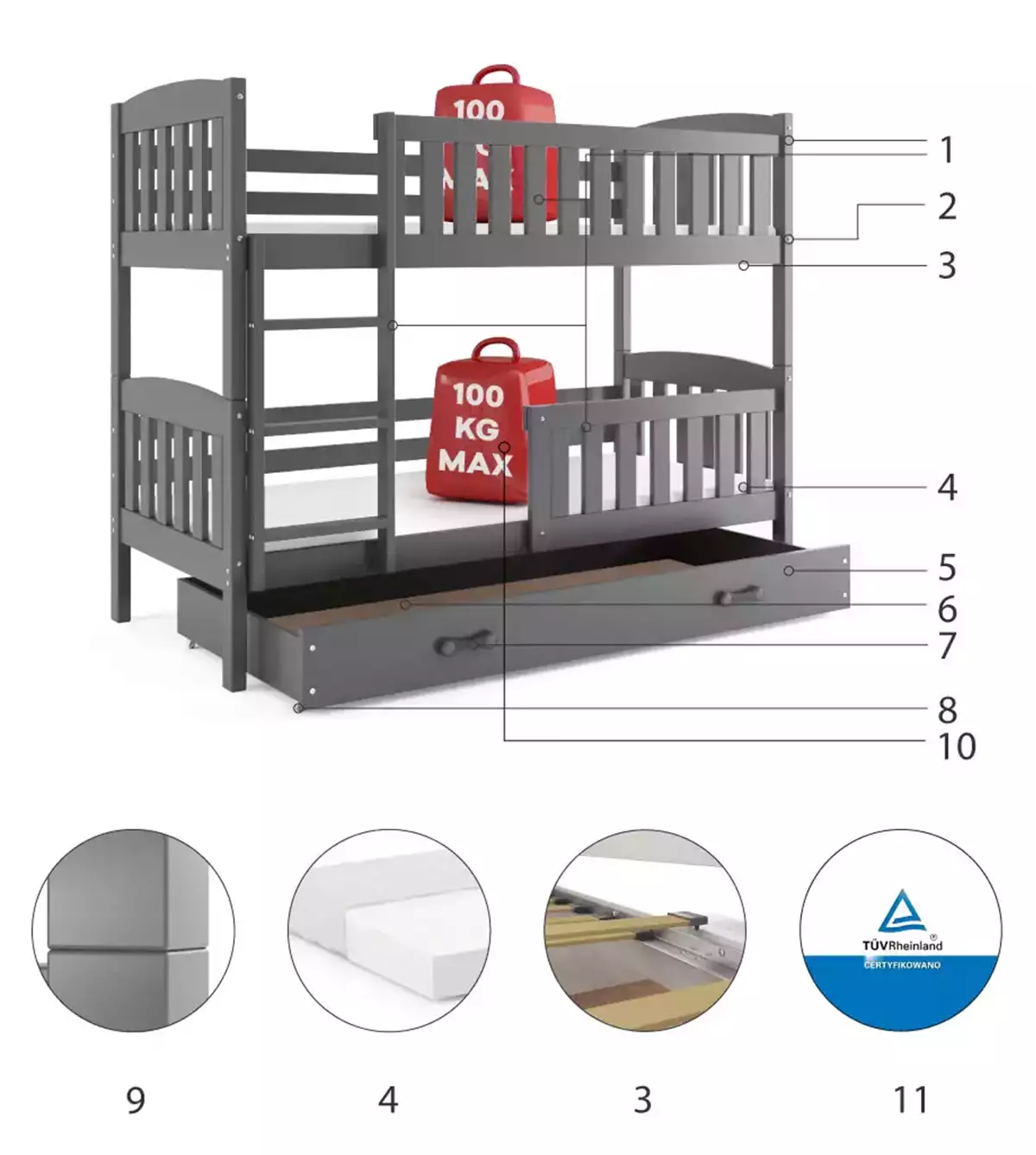 Dviaukštė lova 190x90 cm su čiužiniais ir stalčiumi, pilka – vaizdas 2