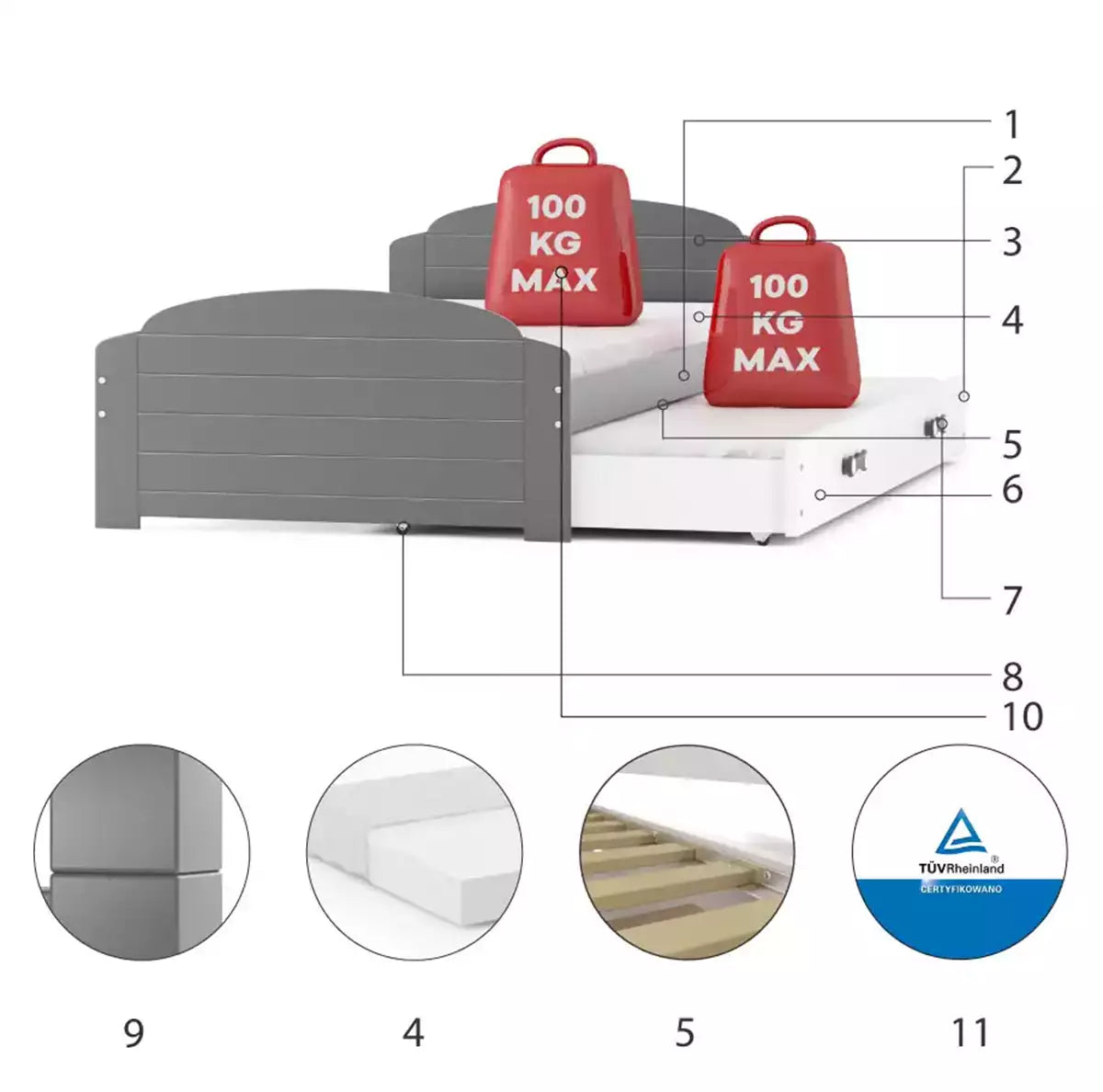 LiLi vaikiška lova 200x90 su čiužiniu ir papildoma lova – vaizdas 3