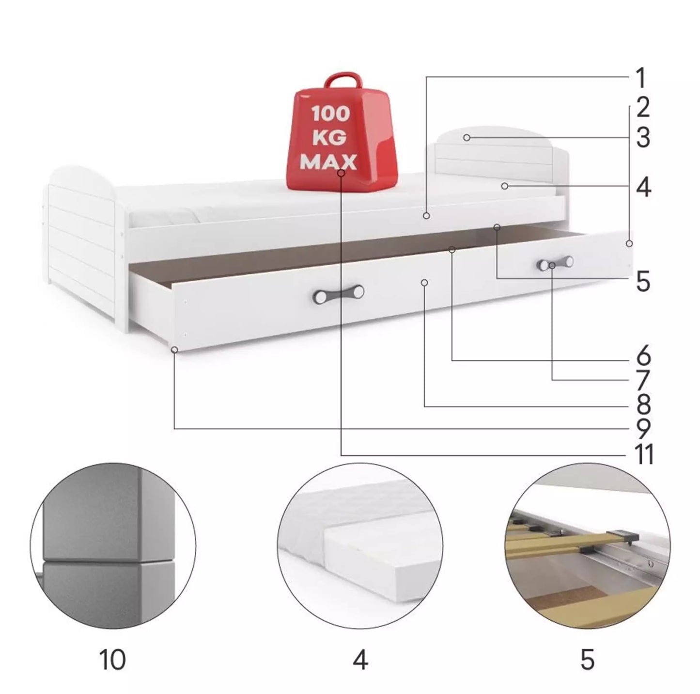 LiLi vaikiška lova 200x90 su čiužiniu ir stalčiumi, balta – vaizdas 2