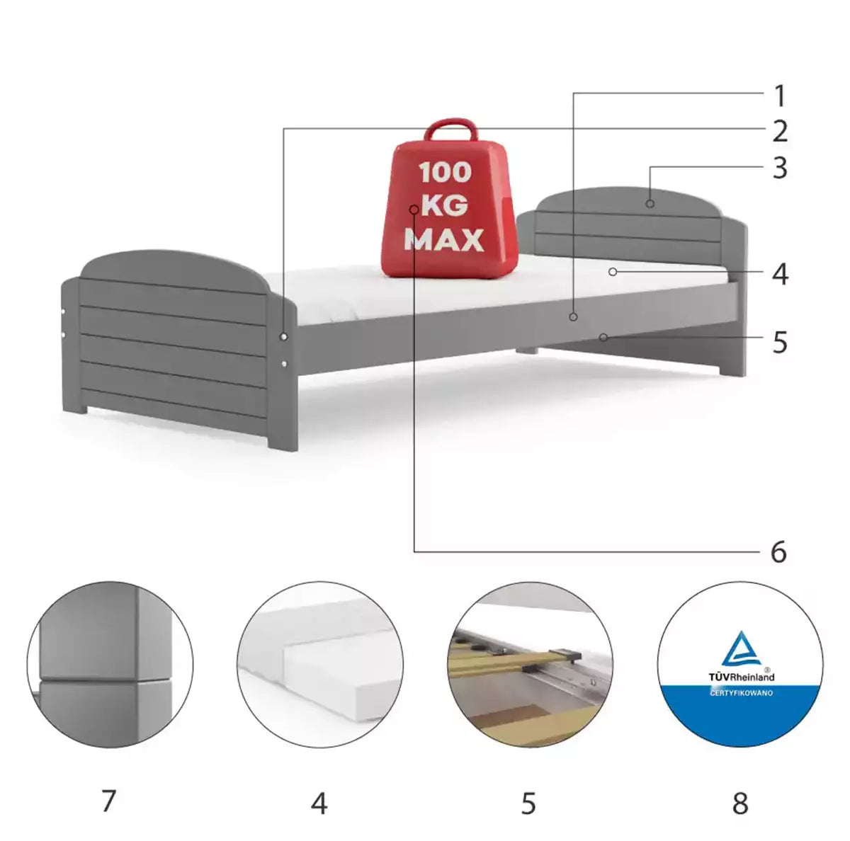 LiLi vaikiška lova 200x90 su čiužiniu, grafito spalvos – vaizdas 2