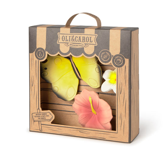 Oli&Carol natūralus dovanų rinkinys naujagimiui: 3 kramtukai – Drugelis ir dvi gėlės – pagrindinis vaizdas