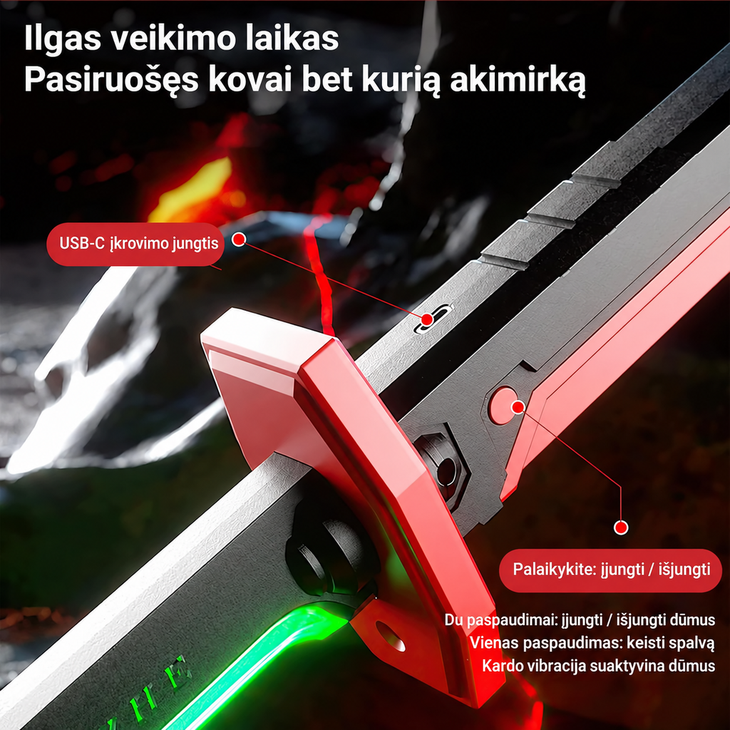Šviečiantis kardas „Cyberpunk“ su kibirkštimis ir rūku – 7 RGB spalvos, garsas, USB-C, 80 cm