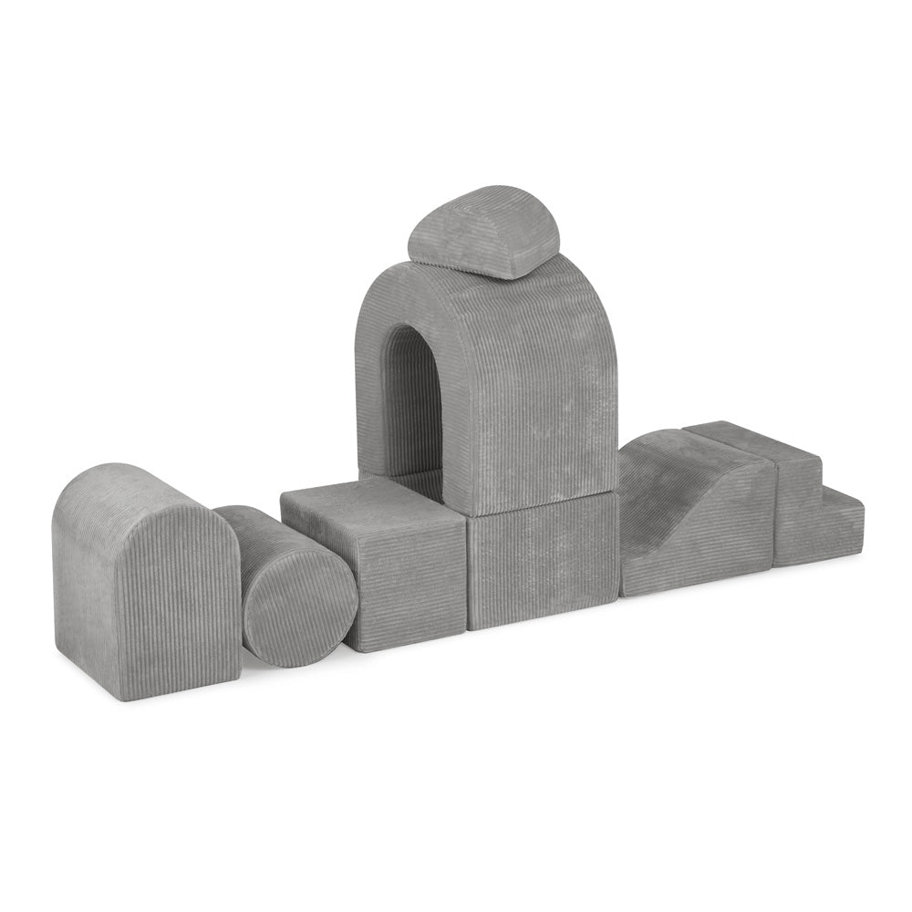 Minkštas modulinis žaidimų komplektas PLIUSINĖ PILIS su kamuoliukų baseinu, pilkas kordas