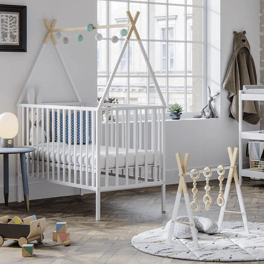 Kūdikio lovytė 120×60 TIPI (medinė, balta/pilka)