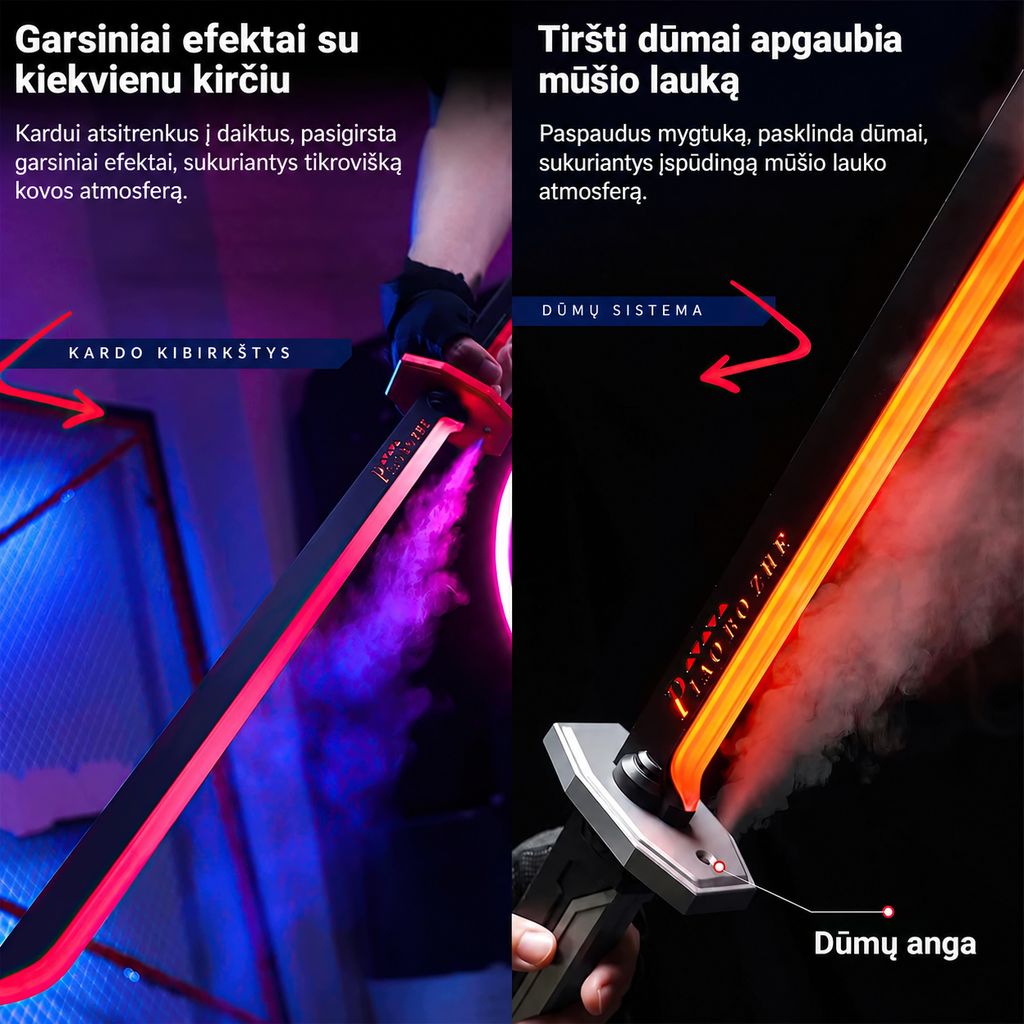 Šviečiantis kardas „Cyberpunk“ su kibirkštimis ir rūku – 7 RGB spalvos, garsas, USB-C, 80 cm