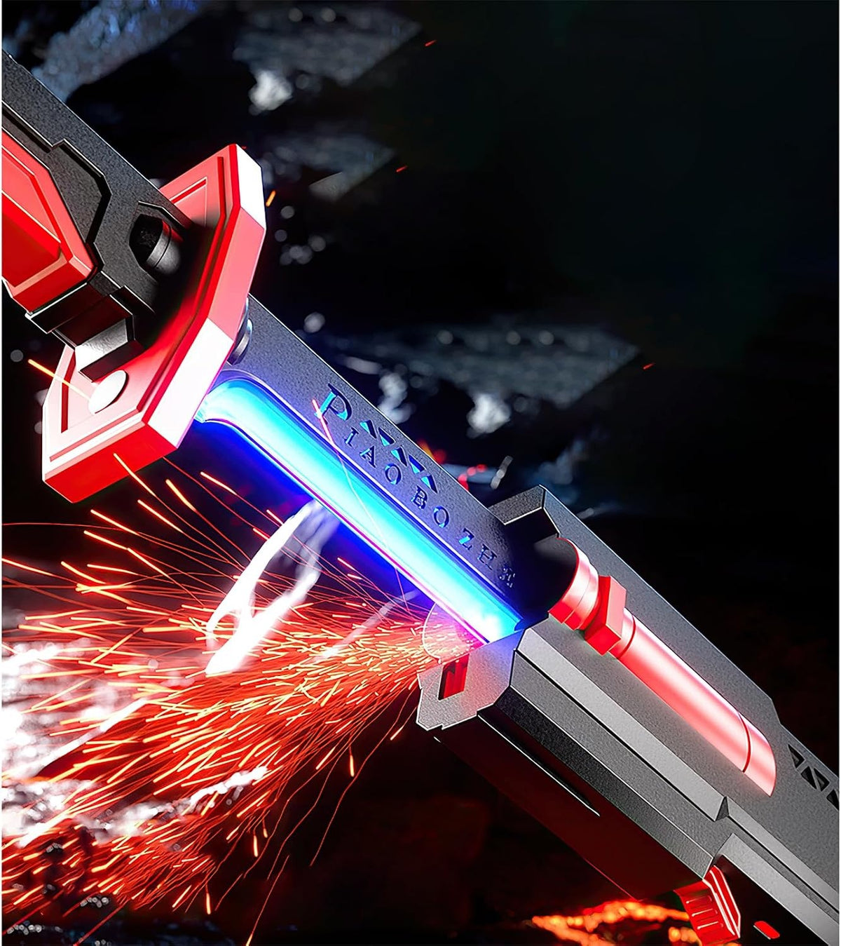 Šviečiantis kardas „Cyberpunk“ su kibirkštimis ir rūku – 7 RGB spalvos, garsas, USB-C, 80 cm