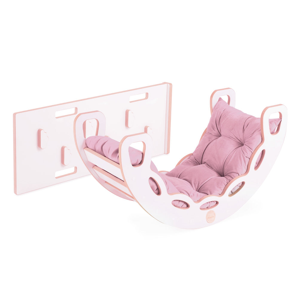 Daugiafunkcinė Medinė Supynė PLUSH NEST 4in1 su rožine aksomine pagalve – pagrindinis vaizdas