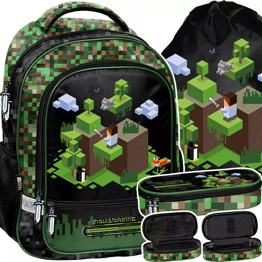Mokyklinis rinkinys 3 dalių Pixel Green kuprinė – Paso