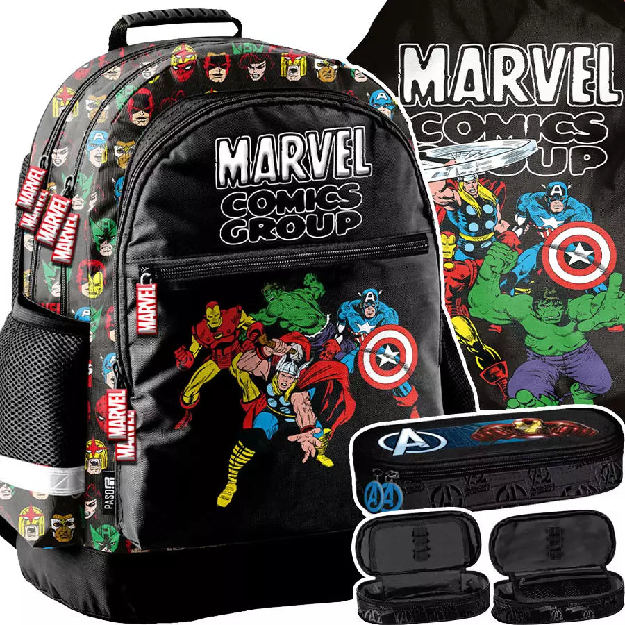 Mokyklinis rinkinys Marvel Comics 3el. Kuprinė + Penalai + Maišelis – Paso
