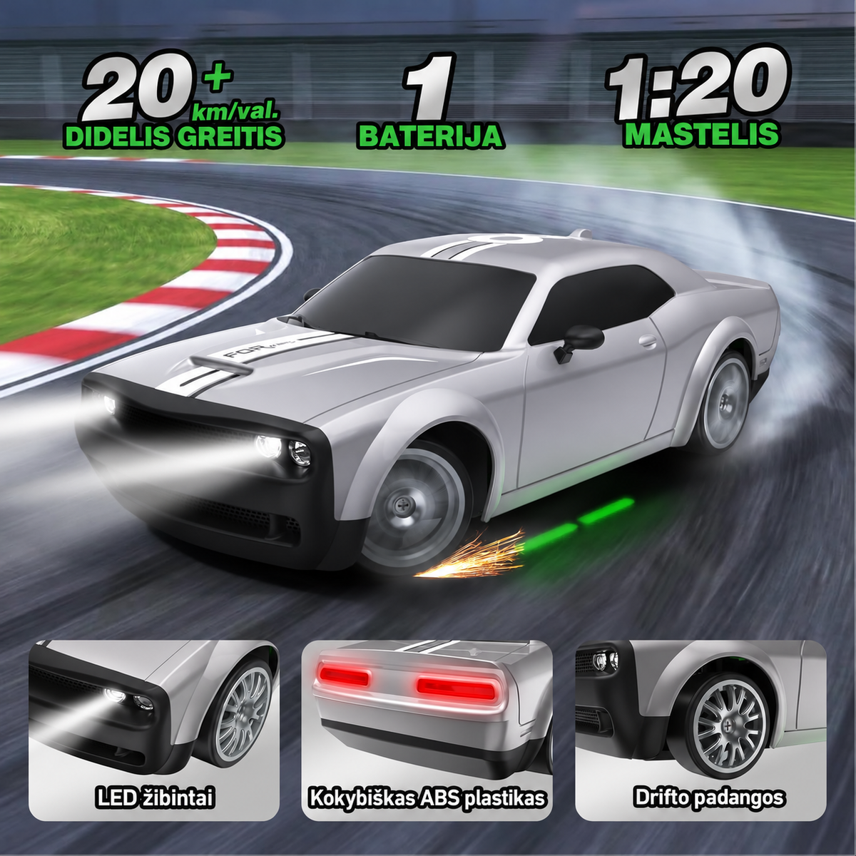 Nuotolinio valdymo drifto automobilis 1:20, 4WD, 20 km/h, 2,4 GHz, LED, sidabrinis