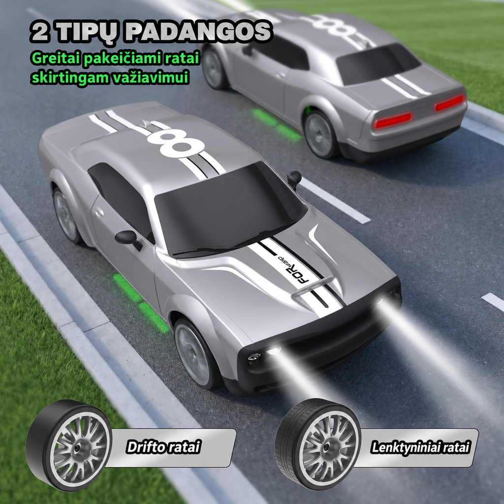 Nuotolinio valdymo drifto automobilis 1:20, 4WD, 20 km/h, 2,4 GHz, LED, sidabrinis