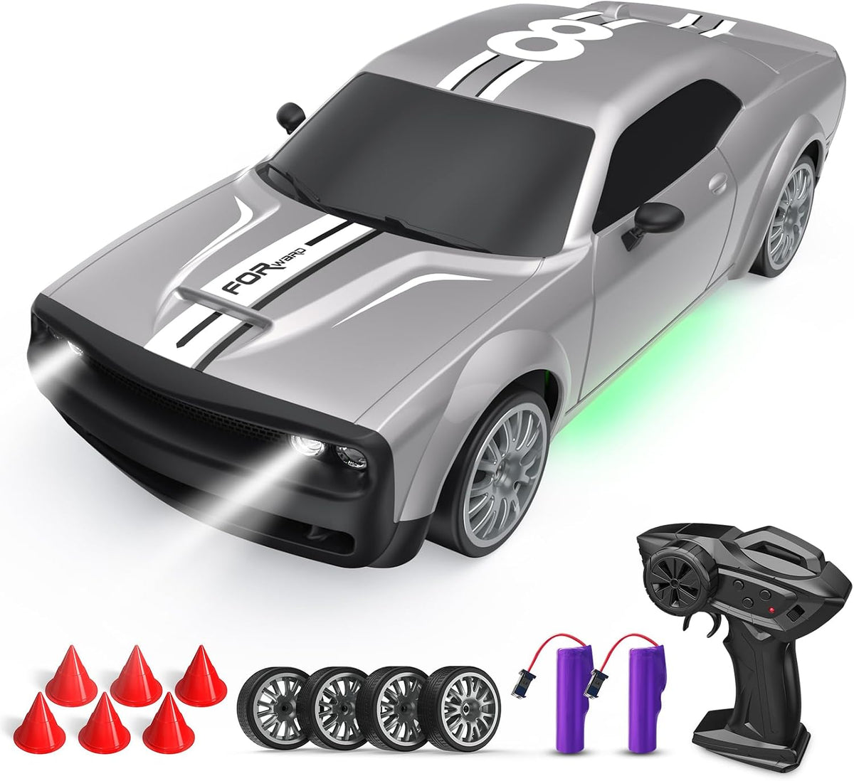 Nuotolinio valdymo drifto automobilis 1:20, 4WD, 20 km/h, 2,4 GHz, LED, sidabrinis