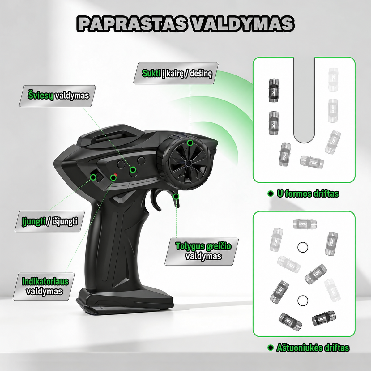 Nuotolinio valdymo drifto automobilis 1:20, 4WD, 20 km/h, 2,4 GHz, LED, sidabrinis