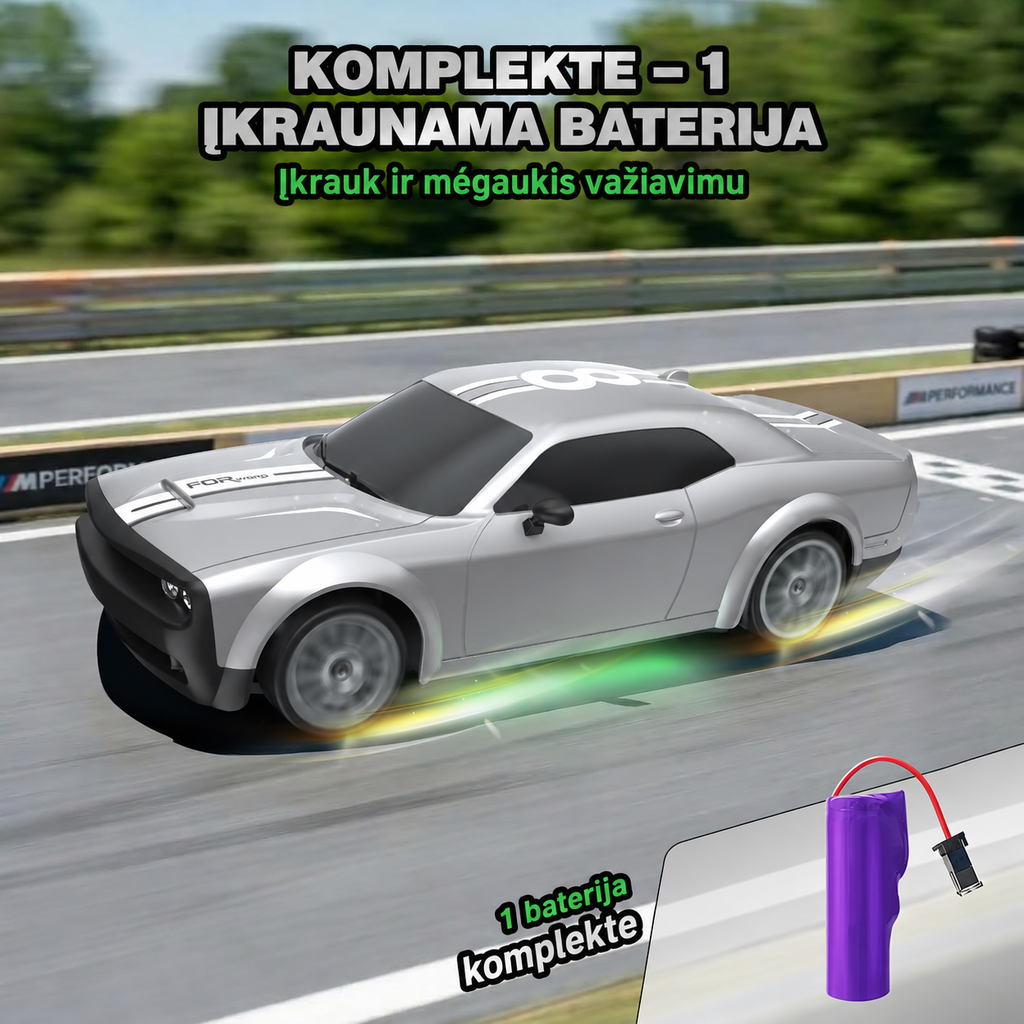 Nuotolinio valdymo drifto automobilis 1:20, 4WD, 20 km/h, 2,4 GHz, LED, sidabrinis