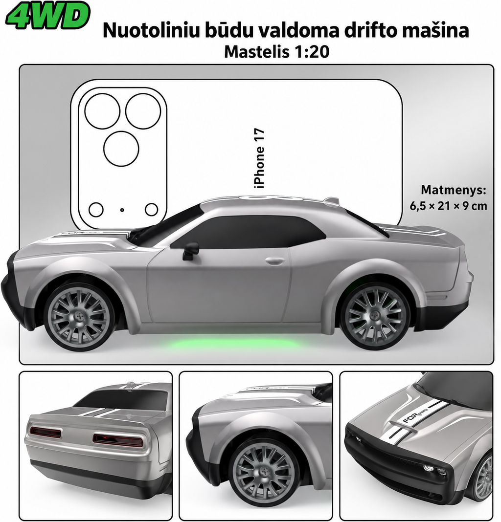 Nuotolinio valdymo drifto automobilis 1:20, 4WD, 20 km/h, 2,4 GHz, LED, sidabrinis