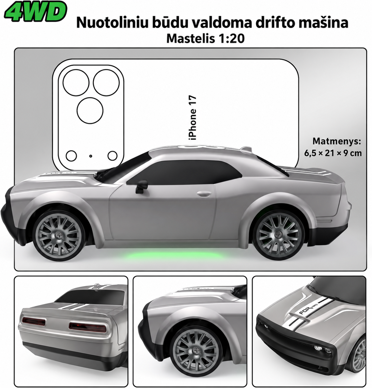Nuotolinio valdymo drifto automobilis 1:20, 4WD, 20 km/h, 2,4 GHz, LED, sidabrinis