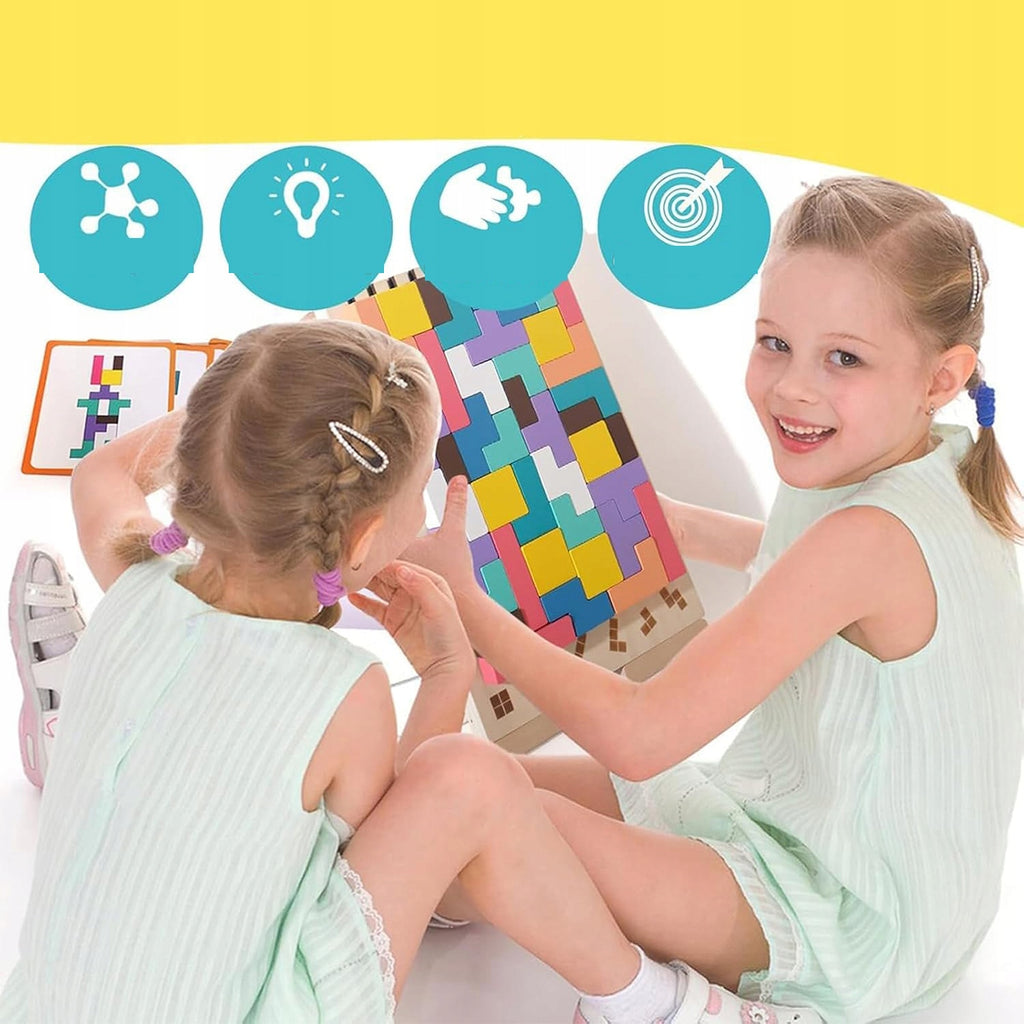Mediniai dėlionės blokai Tetris 3D, spalvoti ir ekologiški blokeliai – vaizdas 8
