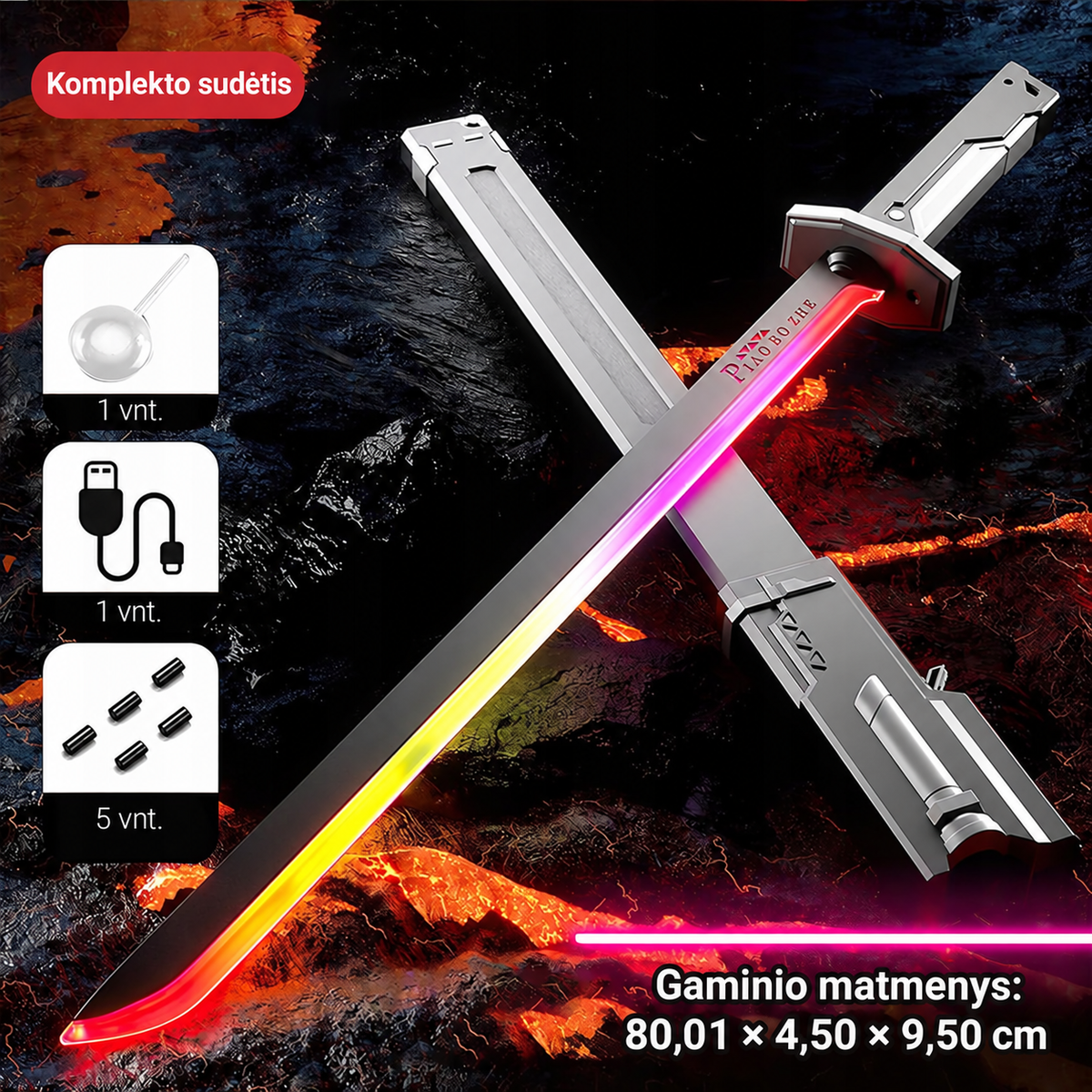 Šviečiantis kardas „Cyberpunk“ su kibirkštimis ir rūku – 7 RGB spalvos, garsas, USB-C, 80 cm