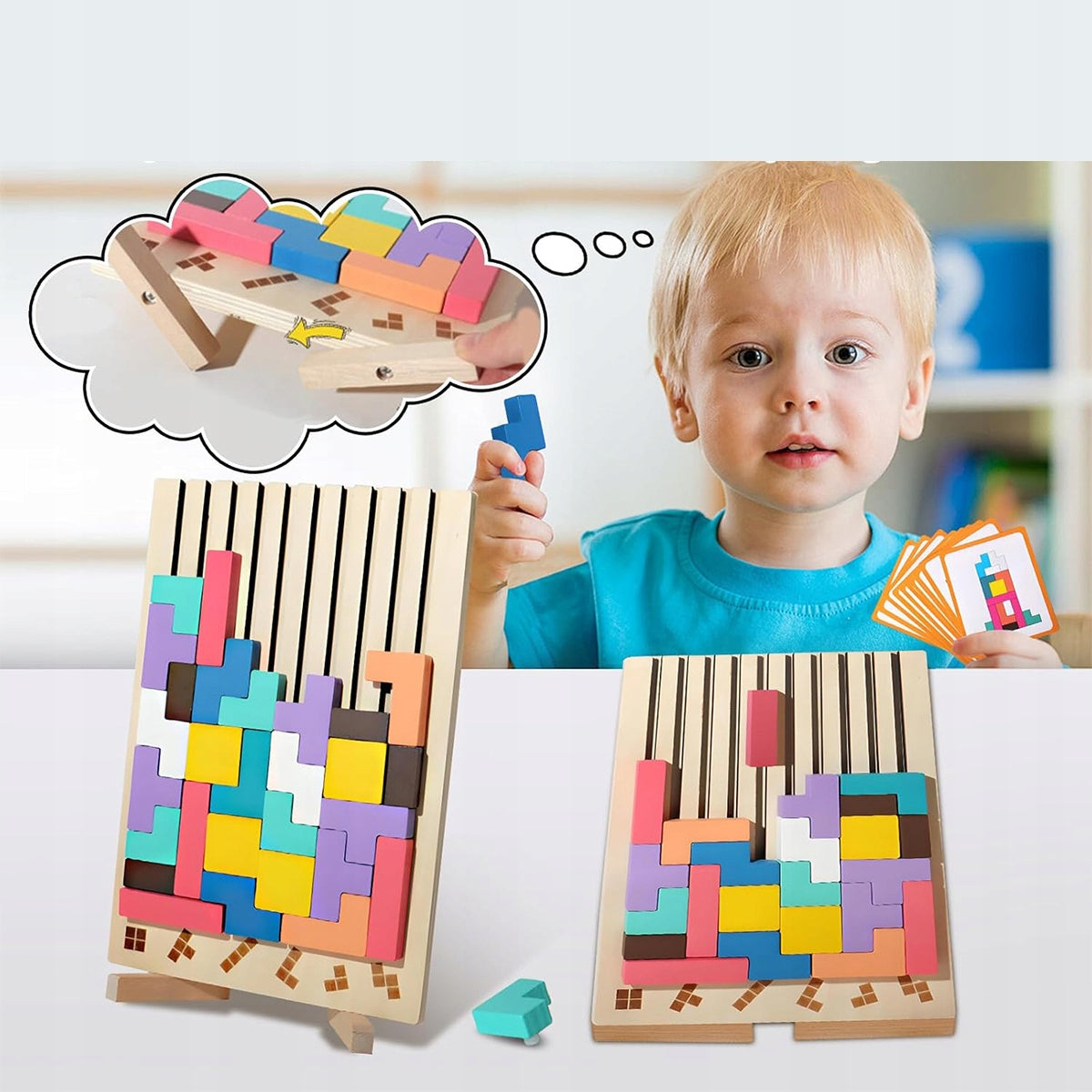 Mediniai dėlionės blokai Tetris 3D, įvairūs spalvoti blokeliai – vaizdas 3