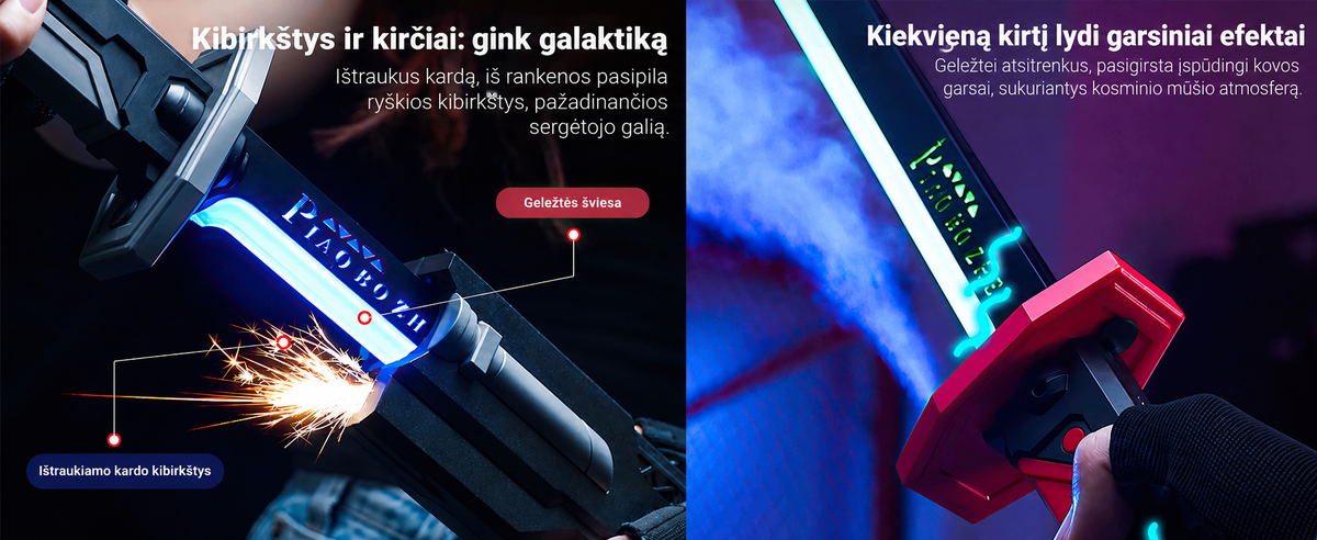 Šviečiantis kardas „Cyberpunk“ su kibirkštimis ir rūku – 7 RGB spalvos, garsas, USB-C, 80 cm