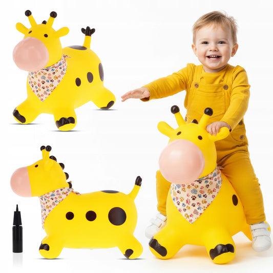 Guminis šokliukas Žirafa su bandana, geltonas, su pompa – pagrindinis vaizdas