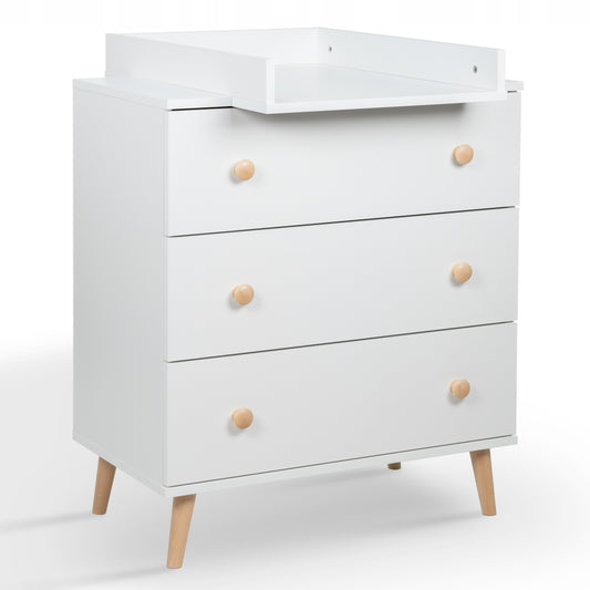 Vaikų komoda su pervystymo stalu TOMI ant ąžuolo kojų, balta – pagrindinis vaizdas