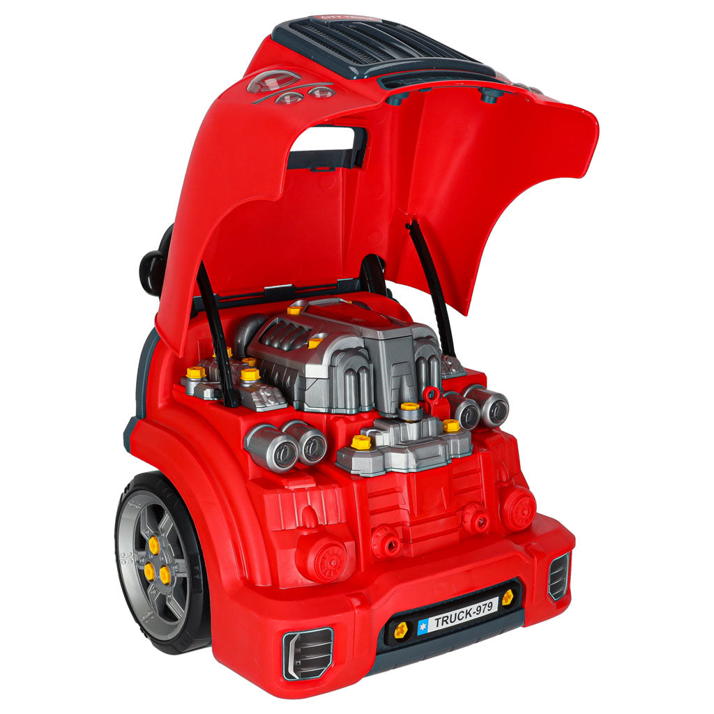 Sunkvežimis su išardomu varikliu, mechaniko rinkinys su šviesa ir garsu