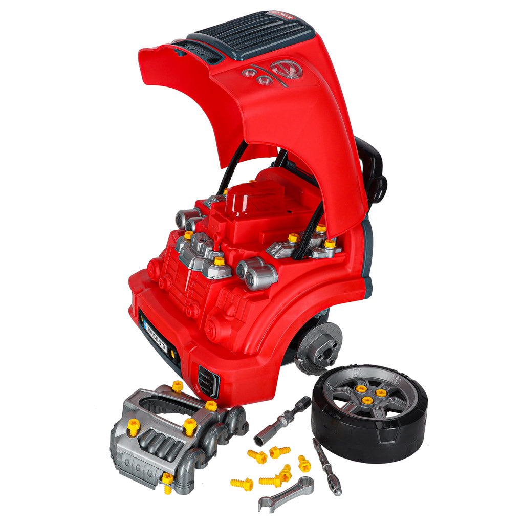 Sunkvežimis su išardomu varikliu, mechaniko rinkinys su šviesa ir garsu