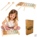 Mediniai vaikiški cimbolai su lazdelėmis, spalvotas muzikos instrumentas