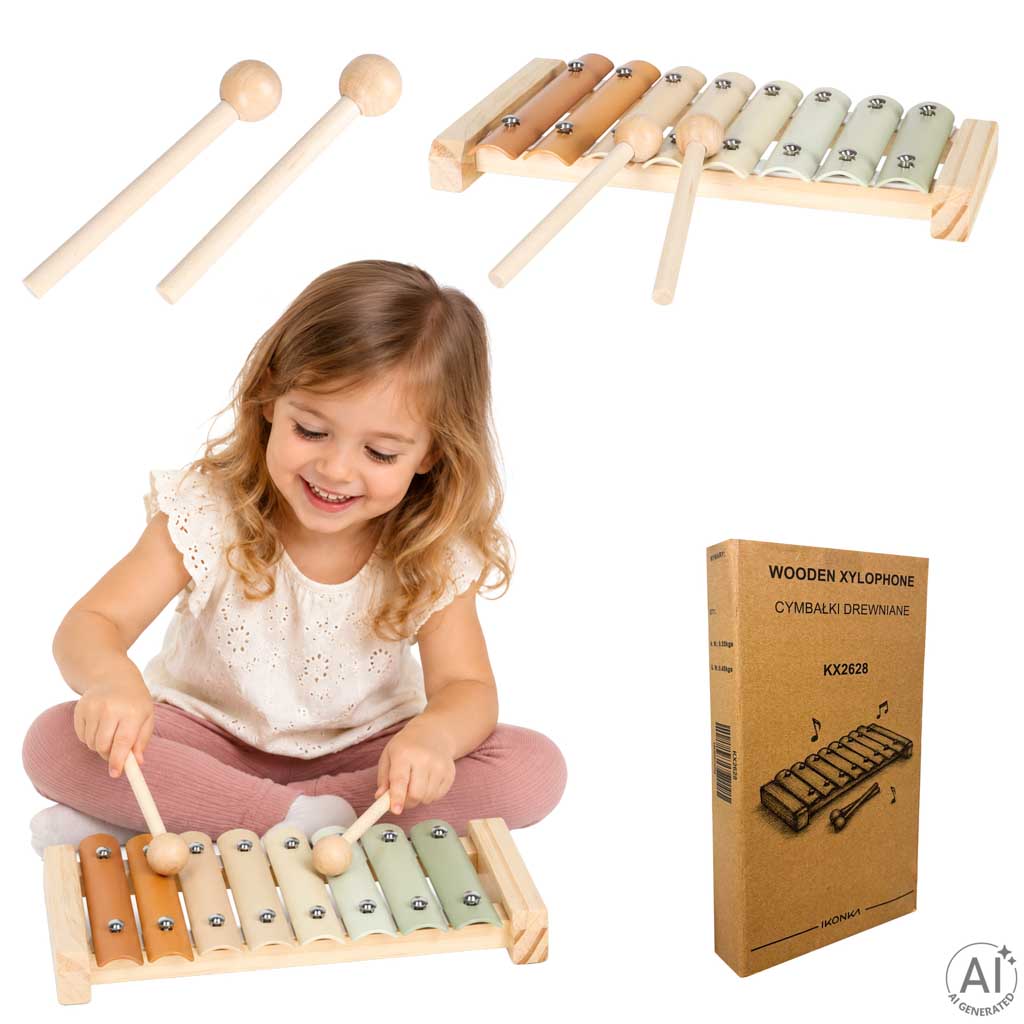 Mediniai vaikiški cimbolai su lazdelėmis, spalvotas muzikos instrumentas