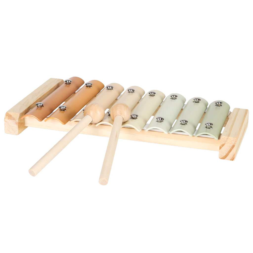 Mediniai vaikiški cimbolai su lazdelėmis, spalvotas muzikos instrumentas