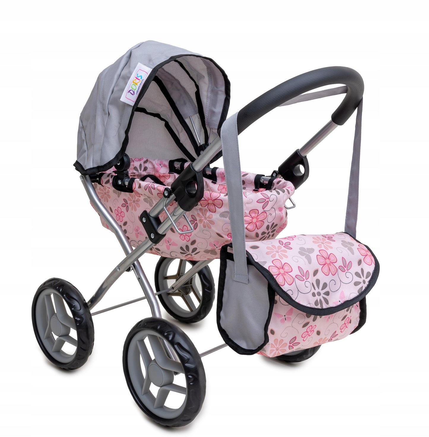 Lėlių vežimėlis DORIS, gilus, sulankstomas, su reguliuojamu stogeliu ir krepšiu – pagrindinis vaizdas