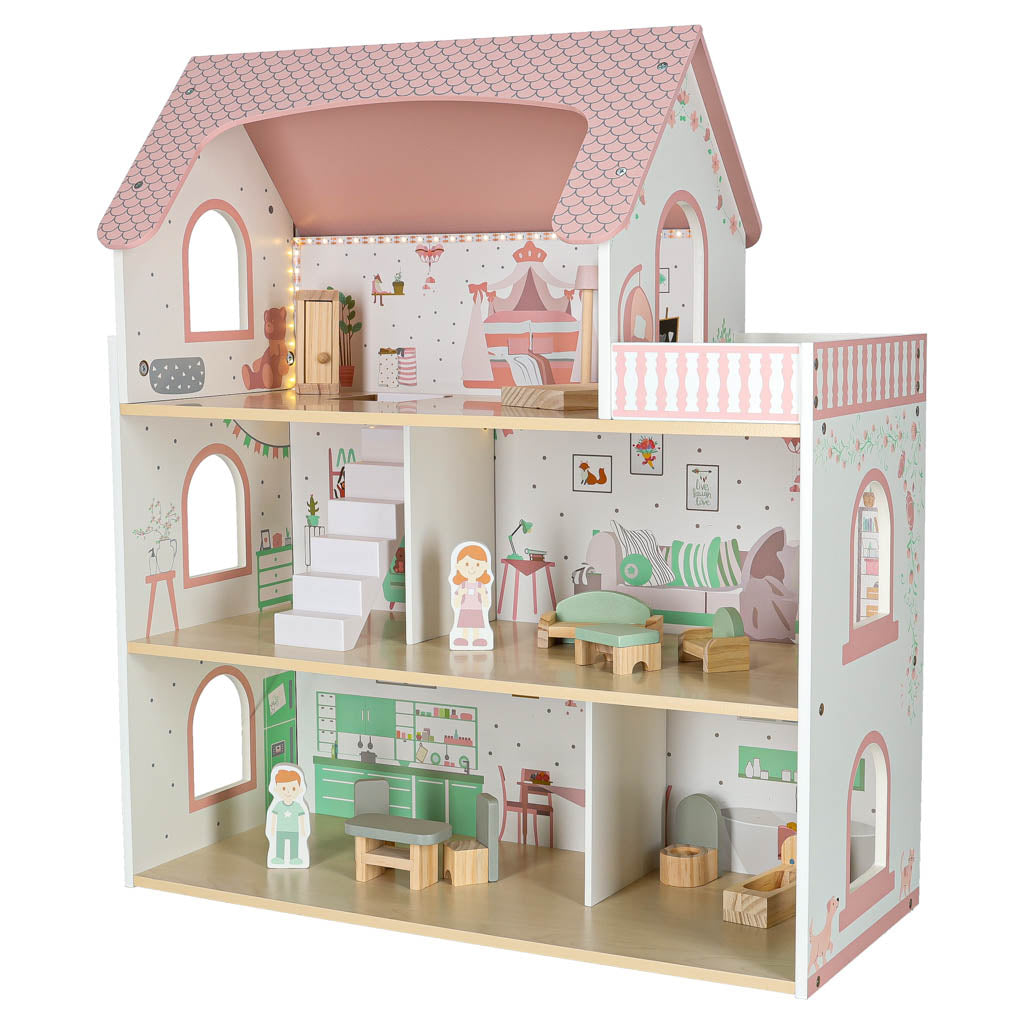 LULILO Peonio medinis lėlių namelis su LED apšvietimu, 70 cm, rožinis