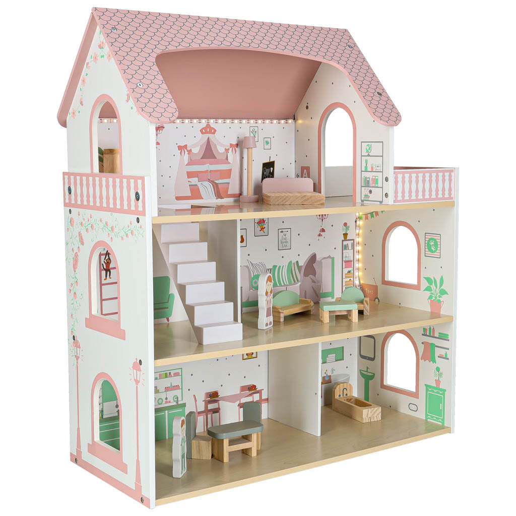 LULILO Peonio medinis lėlių namelis su LED apšvietimu, 70 cm, rožinis