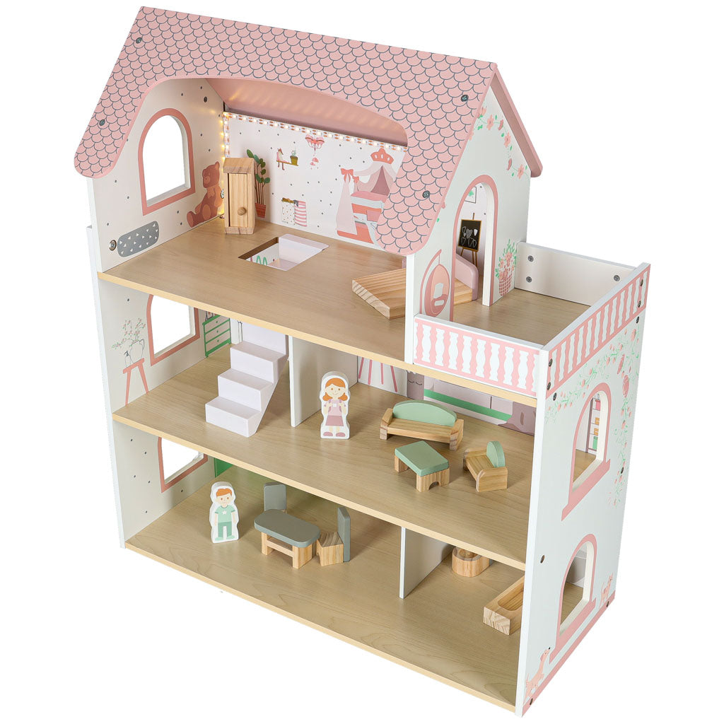 LULILO Peonio medinis lėlių namelis su LED apšvietimu, 70 cm, rožinis
