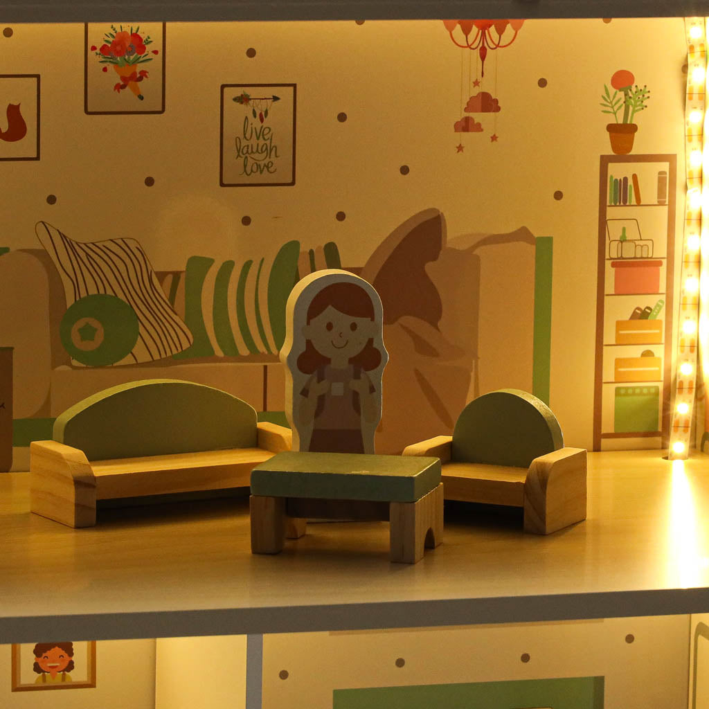 LULILO Peonio medinis lėlių namelis su LED apšvietimu, 70 cm, rožinis